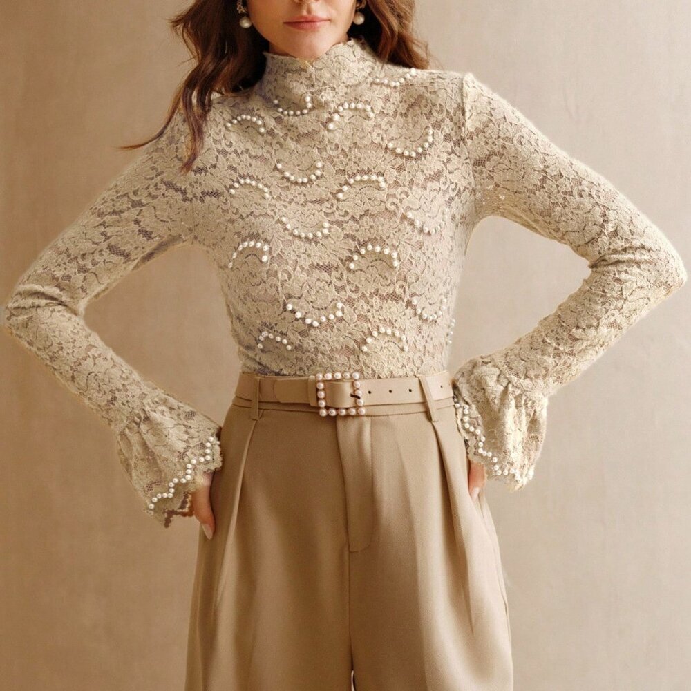 Khaki Elegant Women's Pearl Lace Turtleneck Flare Sleeve Top